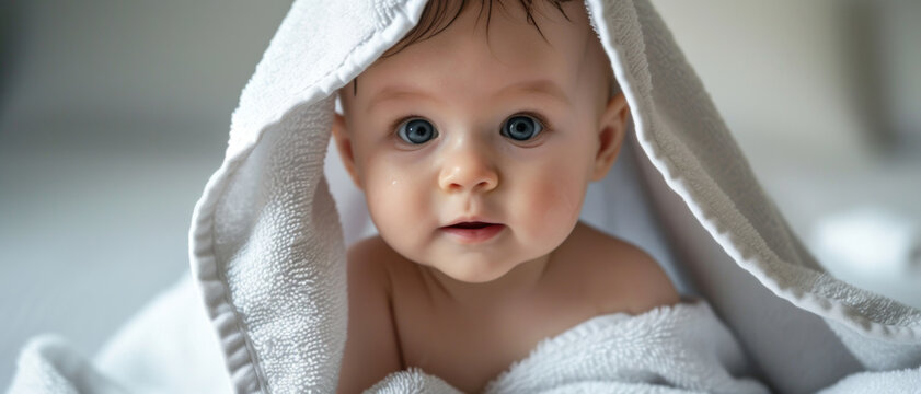 Innocence beams from a baby wrapped in a towel, eyes wide with wonder and a hint of a smile