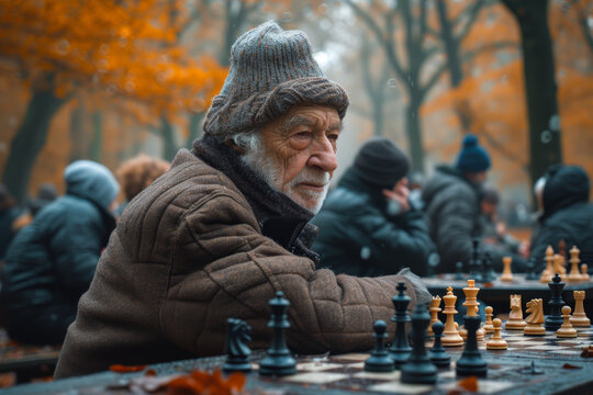 A photograph capturing a moment of camaraderie as a group of seniors enjoys a game of chess in a park, illustrating the mental stimulation and social connection. Generative Ai.