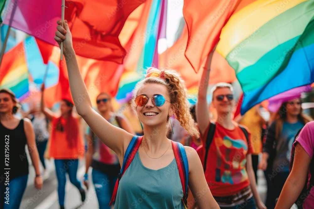 Poster equality march with diverse groups holding banners and flags