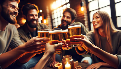 A cheerful group of friends toasting with a glass of beer in a warm, cozy bar environment with a lively, festive atmosphere. Concept of group of friends. AI generated. - obrazy, fototapety, plakaty