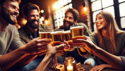 Fotobehang A cheerful group of friends toasting with a glass of beer in a warm, cozy bar environment with a lively, festive atmosphere. Concept of group of friends. AI generated. © Czintos Ödön