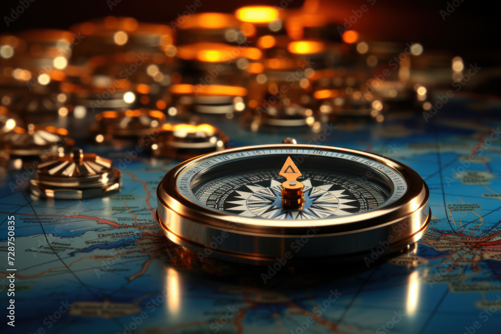 Poster a vector image of a compass pointing towards various financial goals, symbolizing the importance of 