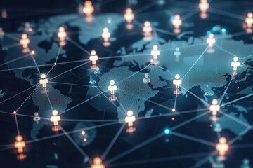 Global business network concept with people connecting across a digital world map