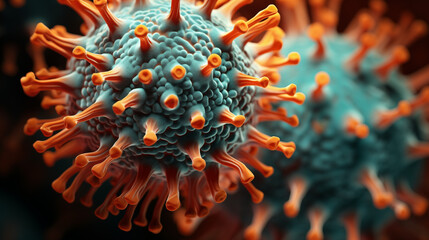 Naklejka na ściany i meble A bright close up microscopic photo of a coronavirus. Bacteria microphotography healthcare concept.