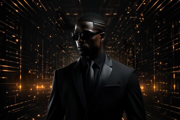minimalistic design Illustration of a black man in a suit, black background,