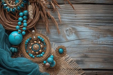 Handmade jewelry on a rustic wooden background Craftsmanship and elegance