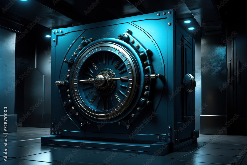 Poster an artistic representation of a secure bank vault with a shield, conveying the concept of robust sec