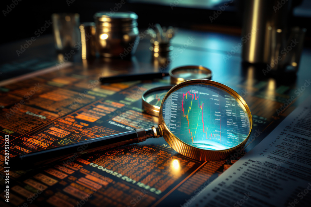 Poster a digital illustration of a magnifying glass focusing on financial charts and data, symbolizing the 
