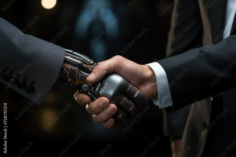 Poster a digital artwork of a handshake between a human hand and a robot hand, symbolizing the synergy betw