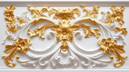 a rich golden baroque ornament delicately engraved on a pristine white background, showcasing the intricate details and lavish curves of the design to evoke a sense of opulence and sophistication.