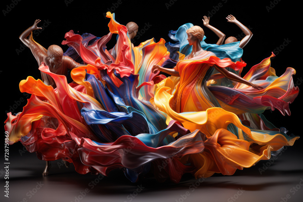 Poster a group of abstract figures, their forms merging in a dance of vibrant colors, symbolizing the inter