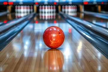 Bowling ball at the end of lane - obrazy, fototapety, plakaty