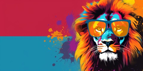 adorable lion with sunglasses on vibrant pop art background, Generative AI