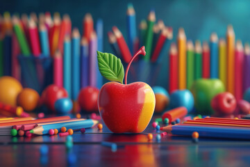 An apple among school supplies