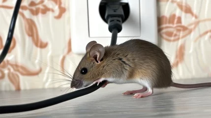 Fotobehang a mouse is gnawing on a wire inside an apartment house, set against the backdrop of a wall and electrical outlet, illustrating the ongoing battle against mice infestation in residential spaces. © lililia