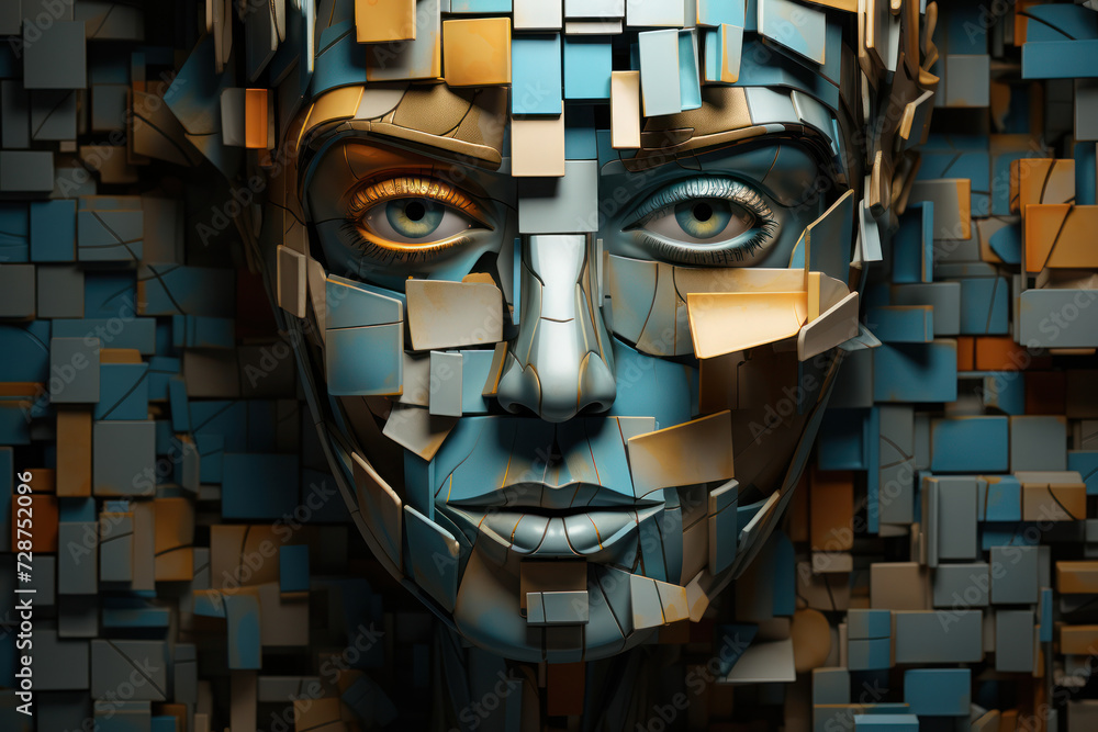 Poster cubist-inspired shapes converge to form a faceless person, representing the deconstruction and recon