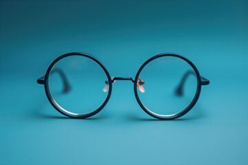Classic round eyeglasses on blue