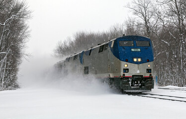 Amtrak passenger train barreling through an intense blizzard with the hopeful destination being...