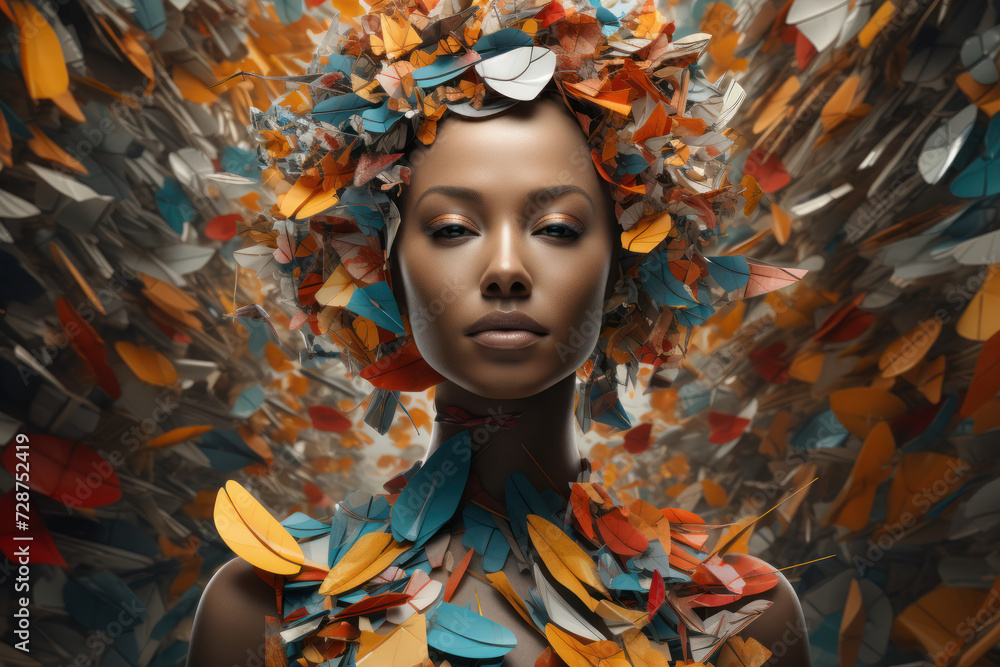 Poster collage-like elements assemble to create a faceless figure, representing the amalgamation of diverse