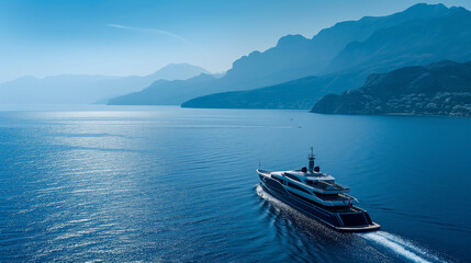 Fototapeta na wymiar Luxurious sailing yacht in the blue sea against the backdrop of mountains