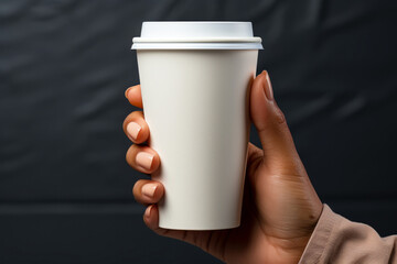 white paper cup mockup in hand on a grey background