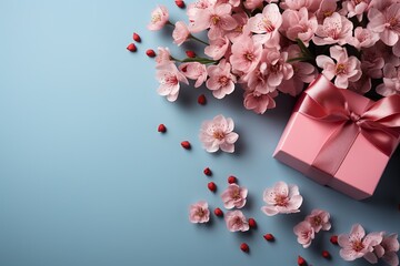 minimalistic design Mother's Day concept. Top view flat lay photo of gift boxes with pink ribbons