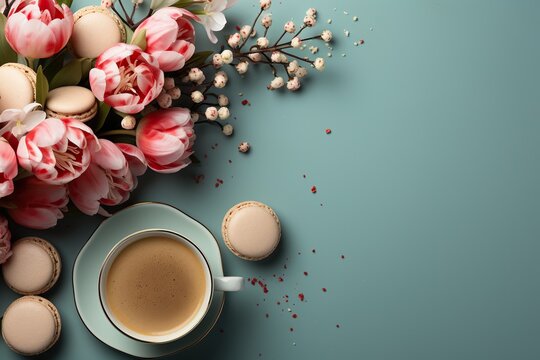 minimalistic design Mother's Day feast concept. Top view flat lay of cupcakes, gifts, postcard, coffee, and tulips on a pastel blue background.