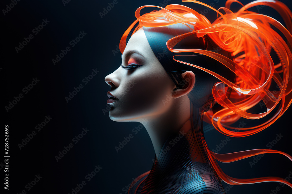 Poster digital lines and curves merge to form an abstract human figure, representing the fusion of technolo