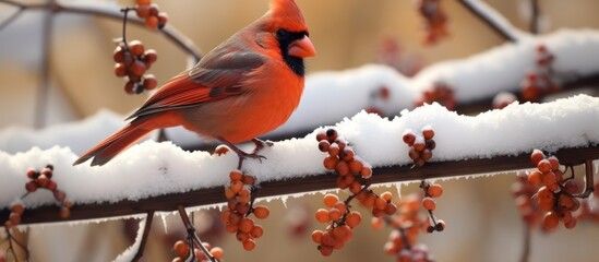 a cardinal was perched on a snow-covered vine