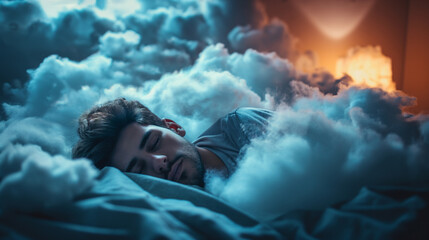 A serene scene of a man sleeping peacefully in bed under dreamy clouds.