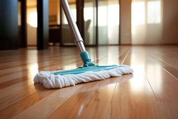 Mop washes the floor. Wet cleaning of the laminate floor using a mop. Concept of cleaning, housework, cleaning routine, spring cleaning - obrazy, fototapety, plakaty