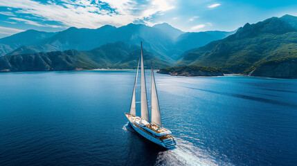 Luxurious sailing yacht in the blue sea against the backdrop of mountains