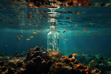 minimalistic design Plastic bottle floating in ocean with aquatic animal, fish. Ocean pollution,...
