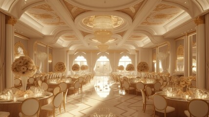 a grand banquet hall adorned in a color palette of gold, pink, and white, illuminated by cascading natural daylight, focusing on the elongated setup of the dining table.
