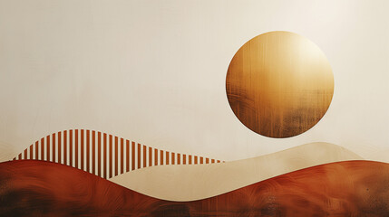 Abstract mountain contemporary aesthetic background landscapes. Mountain waves and sun or moon. Boho style 2D minimalist illustration. Mid century modern vintage. Digital raster bitmap. AI artwork.