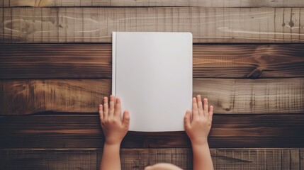 a child's hands delicately holding a book on a wooden table background, with the book open to a blank page, inviting mockup opportunities in a minimalist style.
