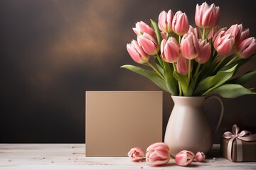 minimalistic design Spring season still life with pink tulips and Happy Mother's day