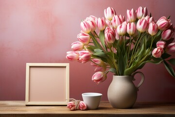 minimalistic design Spring season still life with pink tulips and Happy Mother's day