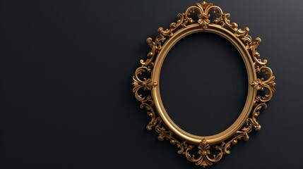 Vintage gold oval picture frame on a black background. Classic antique golden picture frame  - obrazy, fototapety, plakaty