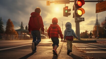 Three school children cross the road on a zebra crossing. Two girls in bright clothes cross the road at a pedestrian crossing. Safety of pedestrian crossings. Child safety on the roads