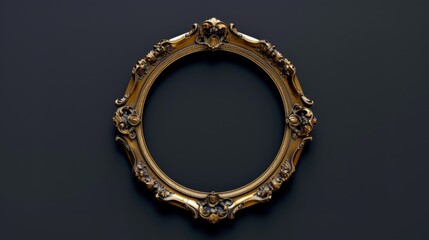 Vintage gold round picture frame on a black background. Classic antique golden picture frame 