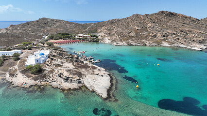 Aerial drone photo from famous small organised beach of Monastiri in the gulf of Naousa, Paros island, Cyclades, Greece