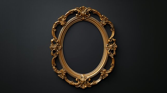 Vintage gold oval picture frame on a black background. Classic antique golden picture frame 