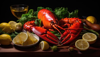 A Painting of a Lobster and Lemons on a Table