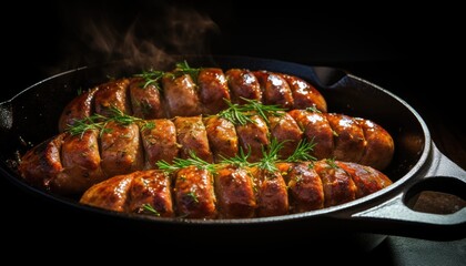 Pan of sizzling Bacon and Sausage links With Sauce and Sprigs