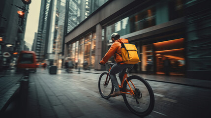 Urban delivery cyclist riding fast with a bright orange backpack among cityscape's hustle and bustle.
