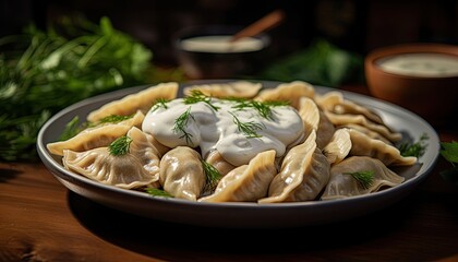 Plate of Pierogi Dumplings With Sour Cream and Herbs