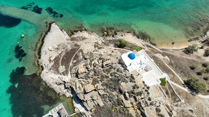 Aerial drone photo from famous small organised beach of Monastiri in the gulf of Naousa, Paros...