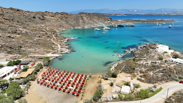 Aerial drone photo from famous small organised beach of Monastiri in the gulf of Naousa, Paros island, Cyclades, Greece