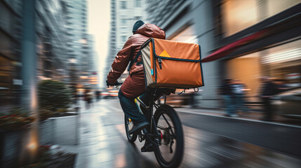 Dynamic image of a delivery rider cycling fast in city environment, with motion blur imparting urgency.
